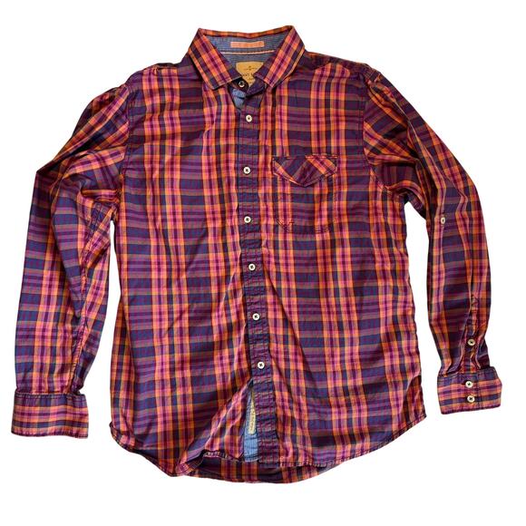Tommy Bahama Jeans Men’s L Plaid Button Down Shirt Red Purple Roll Tab Casual - Picture 1 of 8
